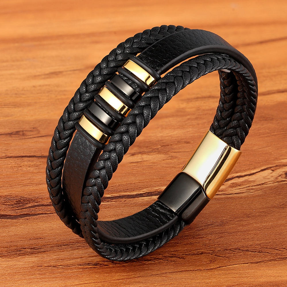 WM - 3 Layers Black Punk Style Design Leather Bracelet for Men Stainless steel