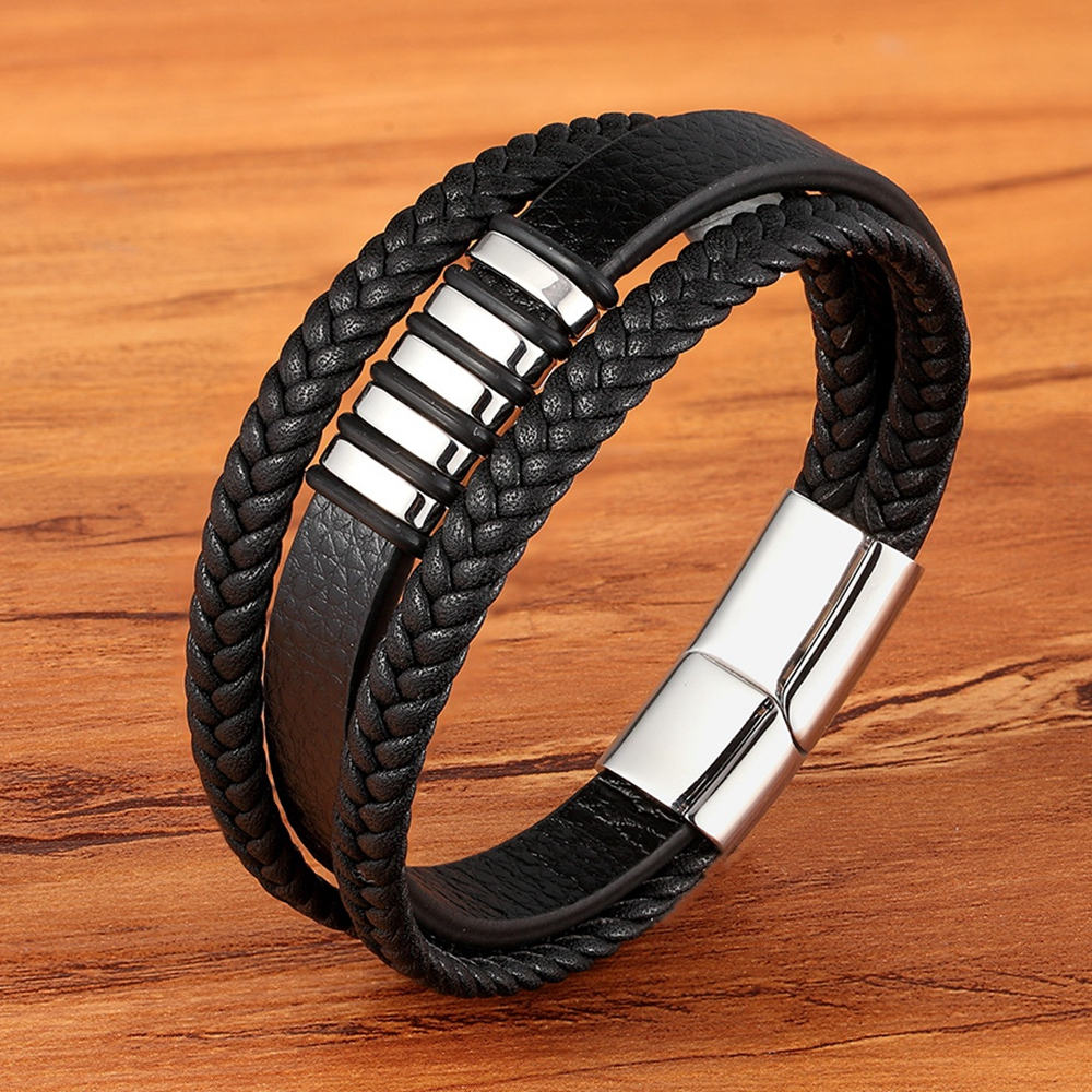 WM - 3 Layers Black Punk Style Design Leather Bracelet for Men Stainless steel