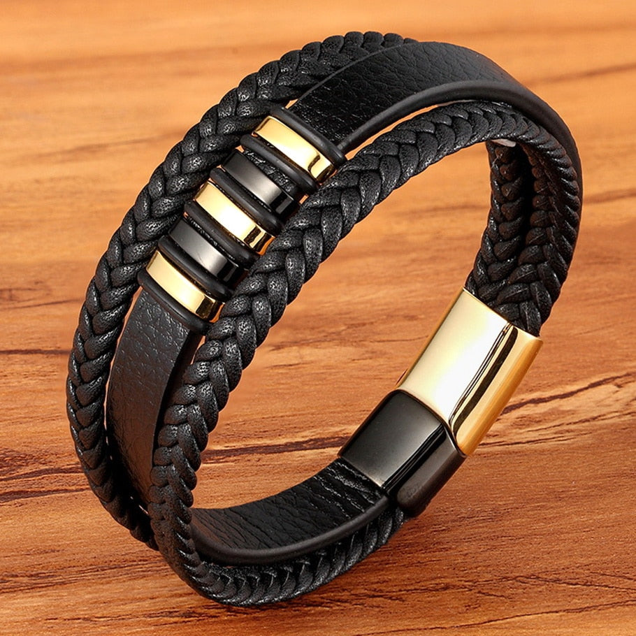 WM - 3 Layers Black Punk Style Design Leather Bracelet for Men Stainless steel