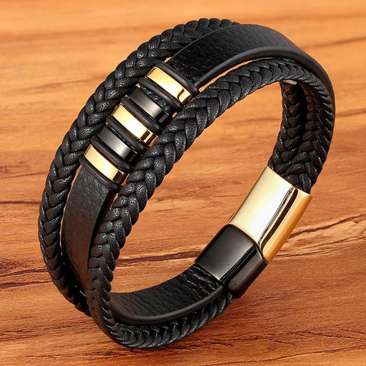 WM - 3 Layers Black Punk Style Design Leather Bracelet for Men Stainless steel