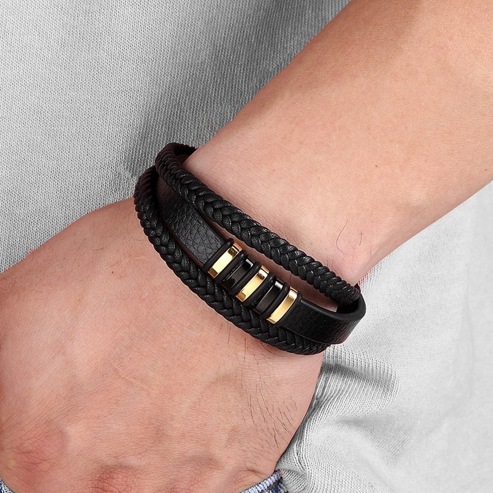 WM - 3 Layers Black Punk Style Design Leather Bracelet for Men Stainless steel