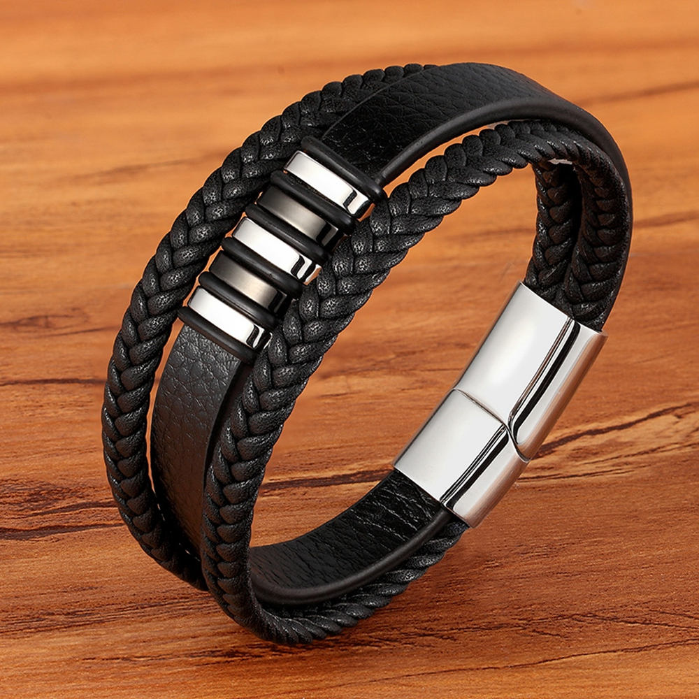 WM - 3 Layers Black Punk Style Design Leather Bracelet for Men Stainless steel