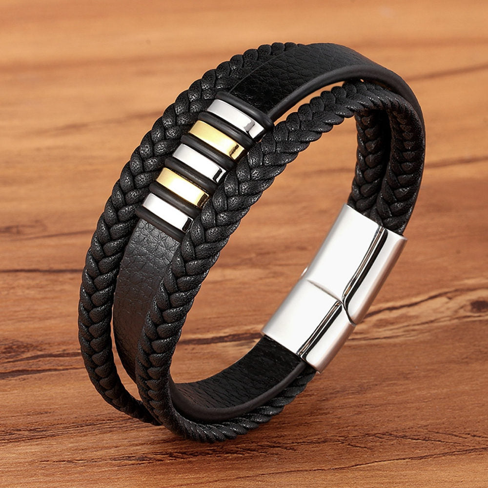 WM - 3 Layers Black Punk Style Design Leather Bracelet for Men Stainless steel