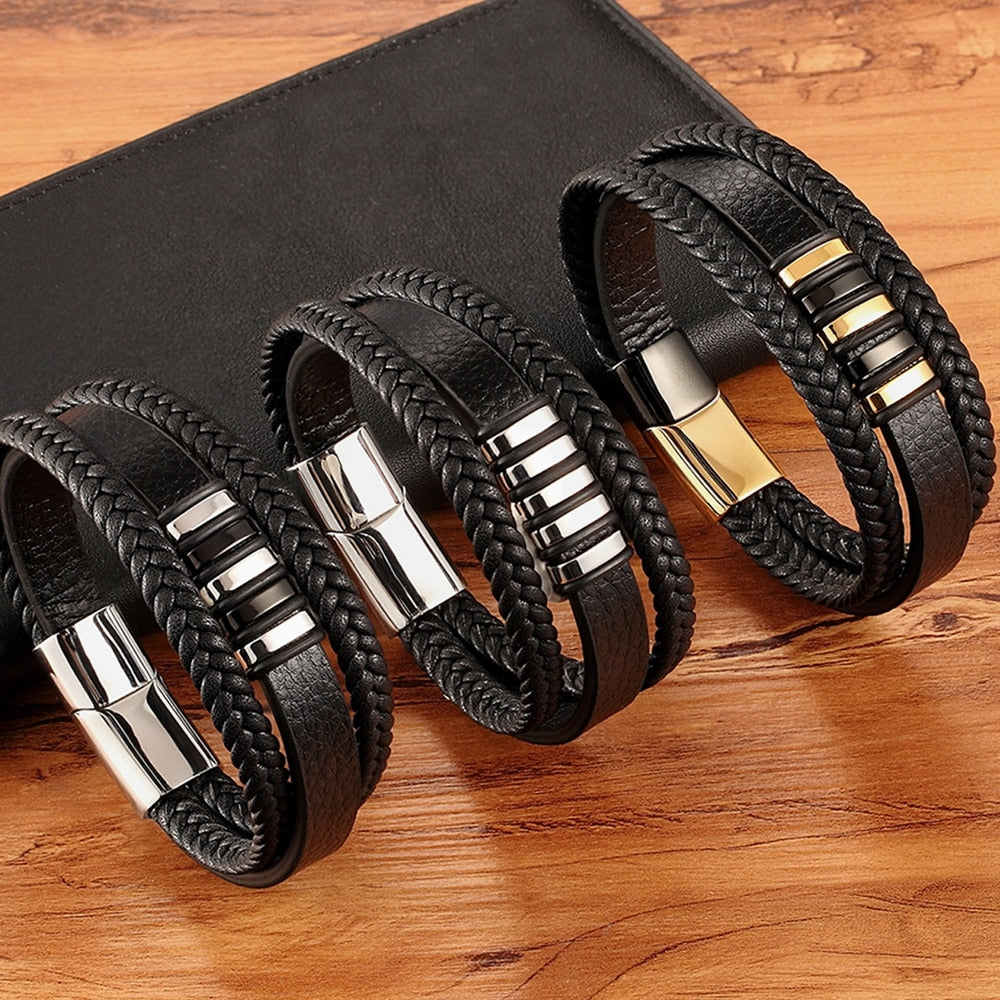 WM - 3 Layers Black Punk Style Design Leather Bracelet for Men Stainless steel