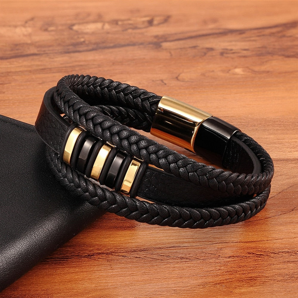 WM - 3 Layers Black Punk Style Design Leather Bracelet for Men Stainless steel